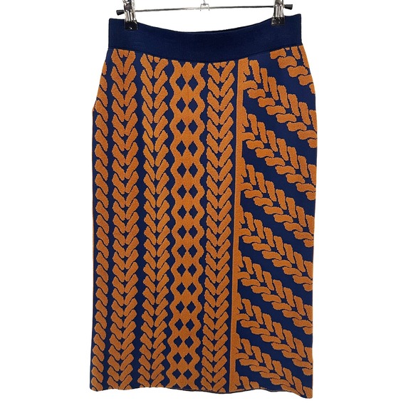 Maeve Dresses & Skirts - MAEVE Cable Knit Motif Knee Length Pencil Skirt • Medium • navy blue, orange